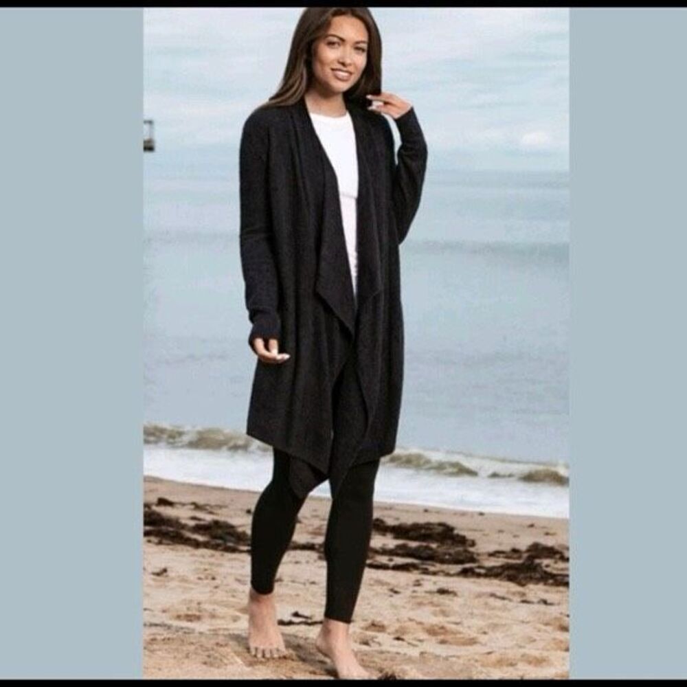 Barefoot Dreams Cozychic S/M Lite Island Wrap Cardigan Black Pockets Open‎ Front